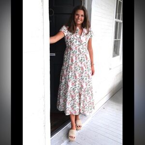 Madison Mathews Midi Folly Floral Feminine Dress in Pink and White Size XS